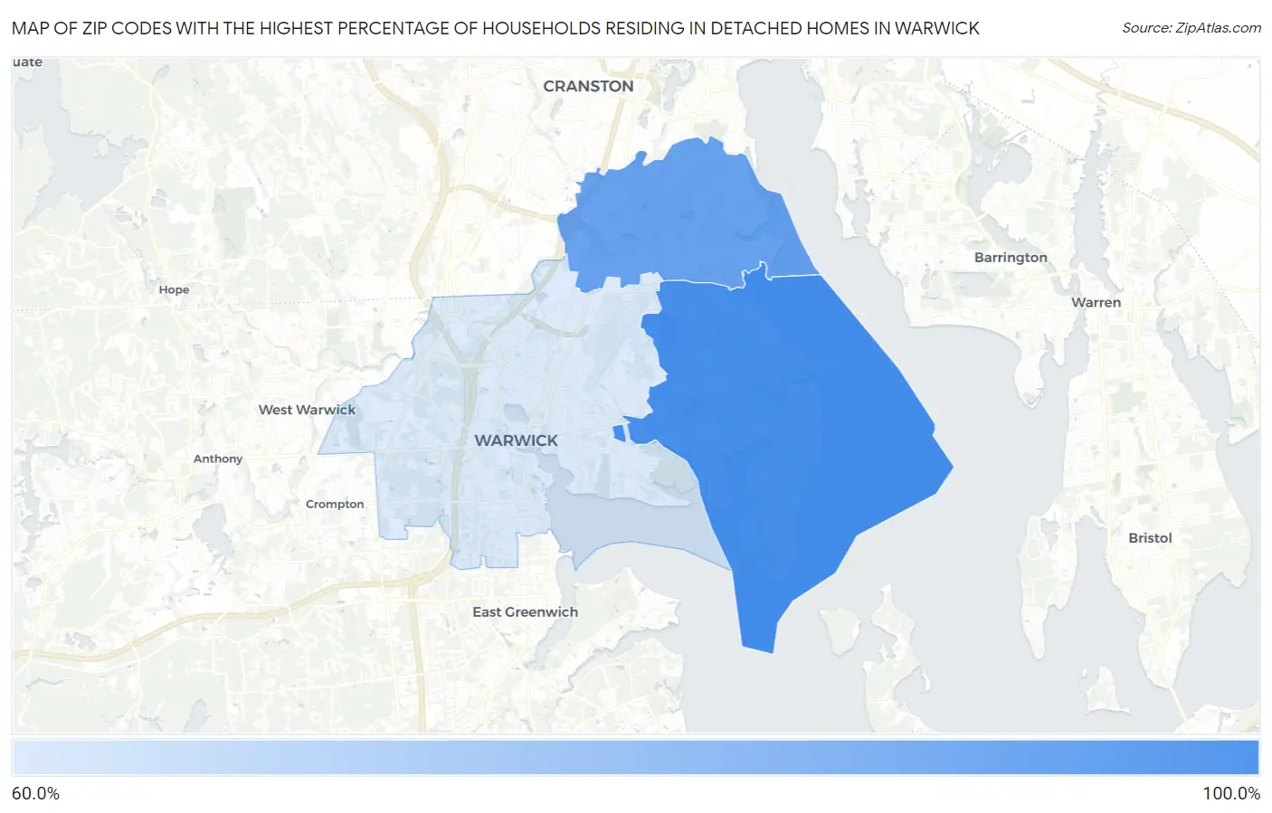 Zip Codes with the Highest Percentage of Households Residing in Detached Homes in Warwick Map