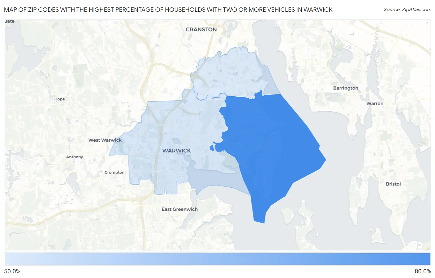 Zip Codes with the Highest Percentage of Households With Two or more Vehicles in Warwick Map