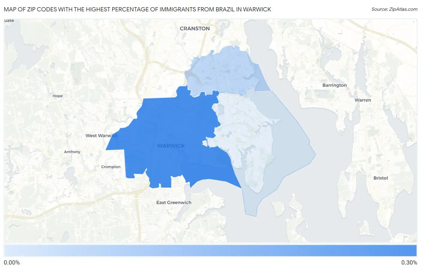 Zip Codes with the Highest Percentage of Immigrants from Brazil in Warwick Map