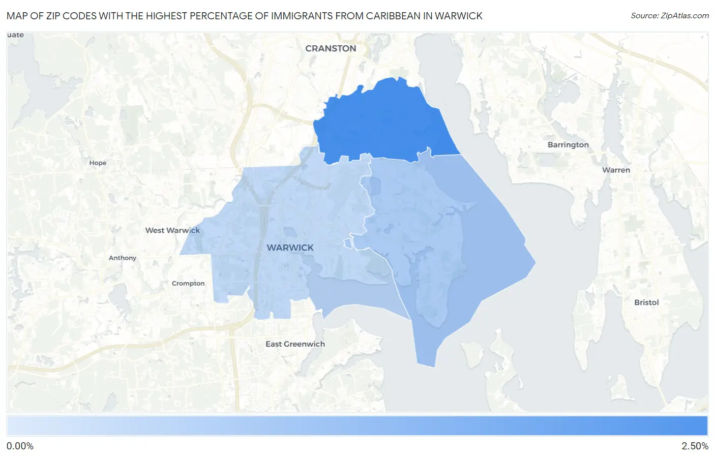 Zip Codes with the Highest Percentage of Immigrants from Caribbean in Warwick Map