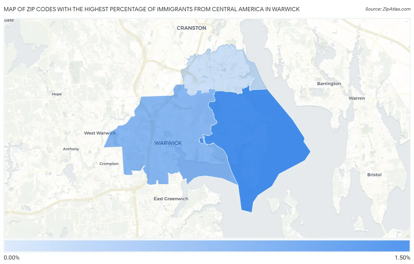 Zip Codes with the Highest Percentage of Immigrants from Central America in Warwick Map