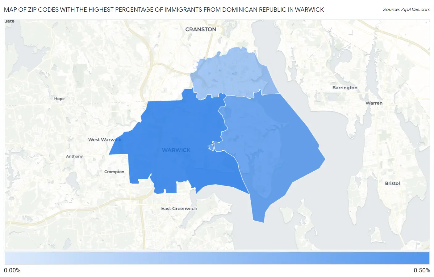 Zip Codes with the Highest Percentage of Immigrants from Dominican Republic in Warwick Map