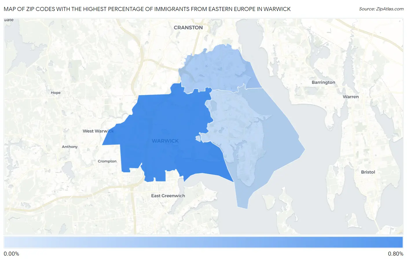 Zip Codes with the Highest Percentage of Immigrants from Eastern Europe in Warwick Map