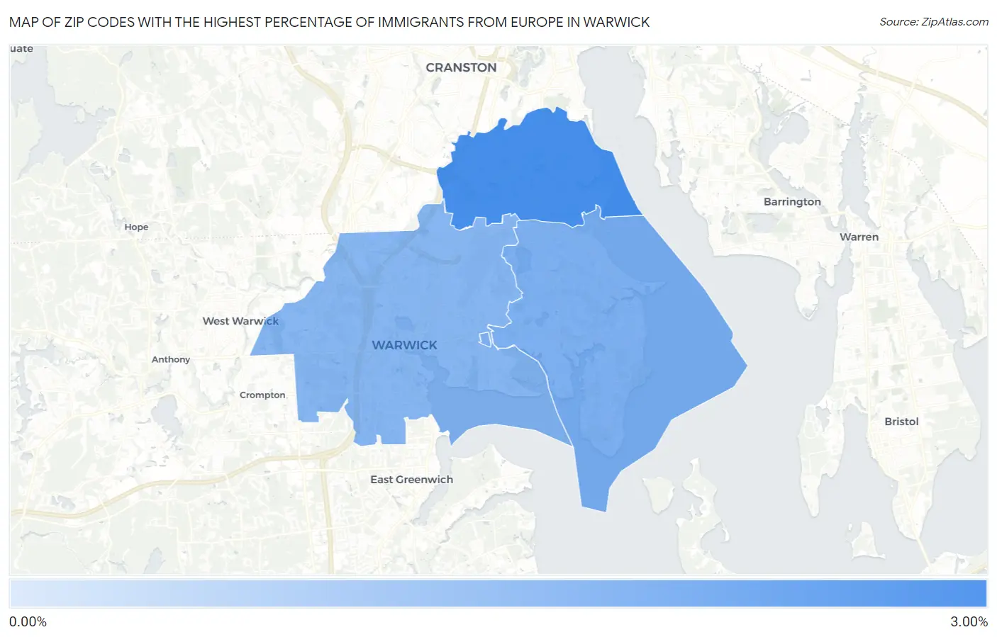 Zip Codes with the Highest Percentage of Immigrants from Europe in Warwick Map