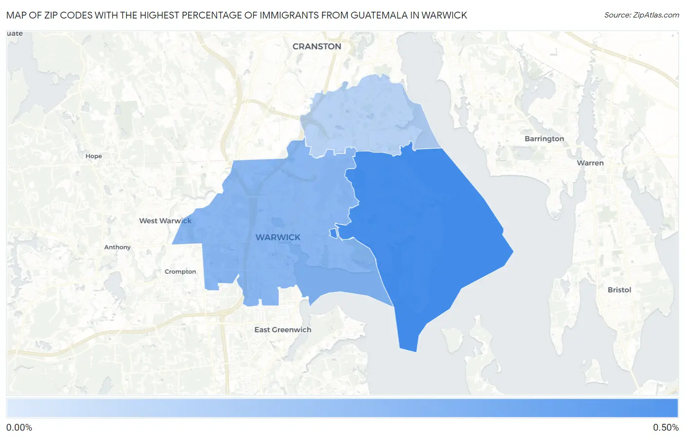 Zip Codes with the Highest Percentage of Immigrants from Guatemala in Warwick Map