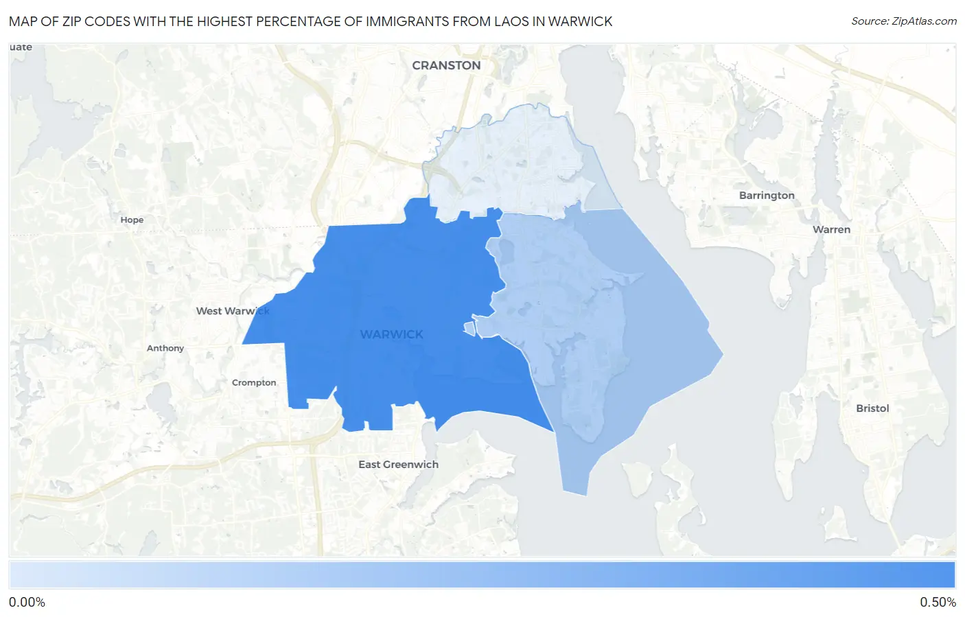 Zip Codes with the Highest Percentage of Immigrants from Laos in Warwick Map