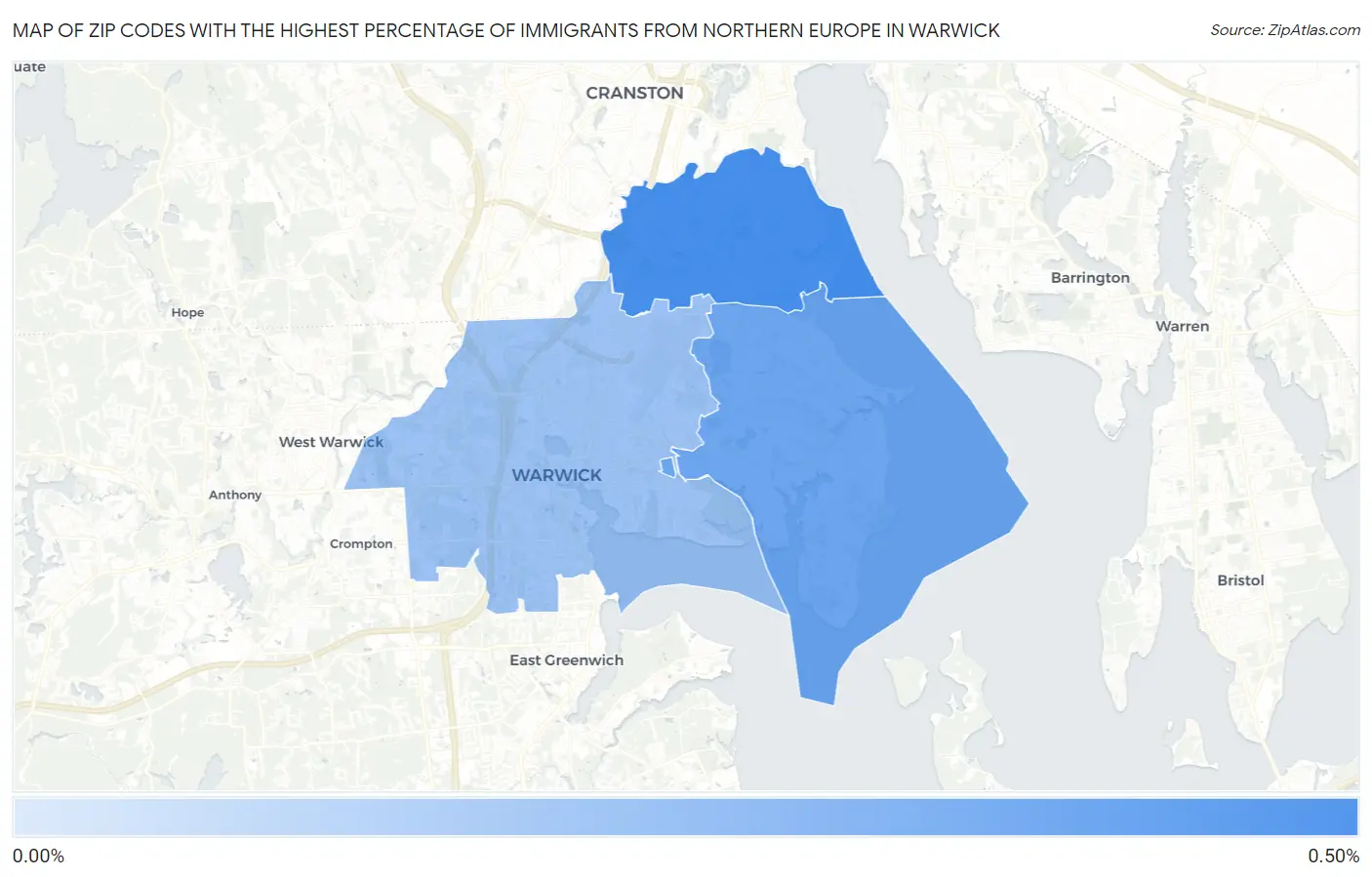 Zip Codes with the Highest Percentage of Immigrants from Northern Europe in Warwick Map