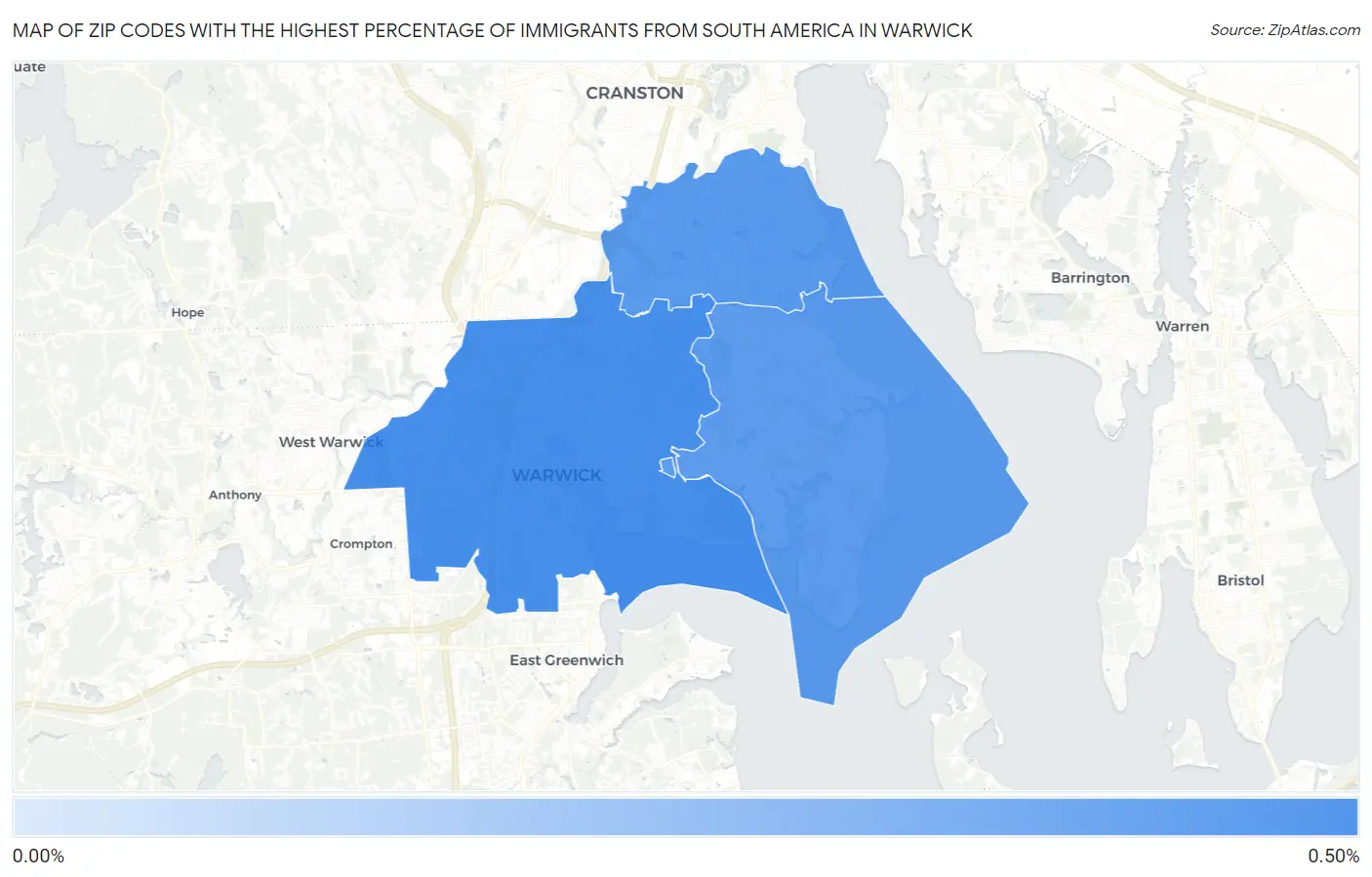 Zip Codes with the Highest Percentage of Immigrants from South America in Warwick Map