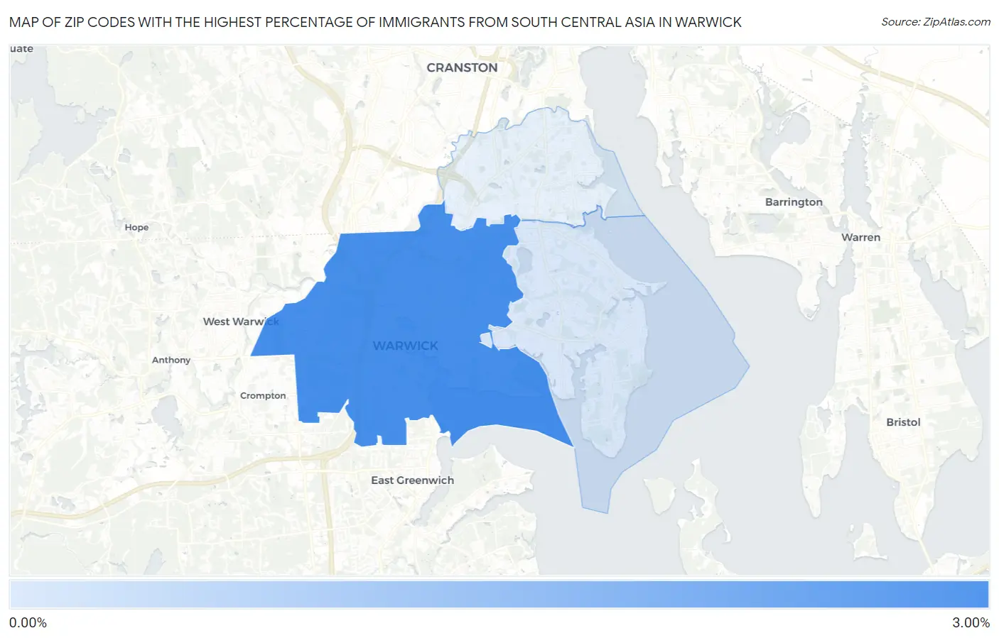 Zip Codes with the Highest Percentage of Immigrants from South Central Asia in Warwick Map