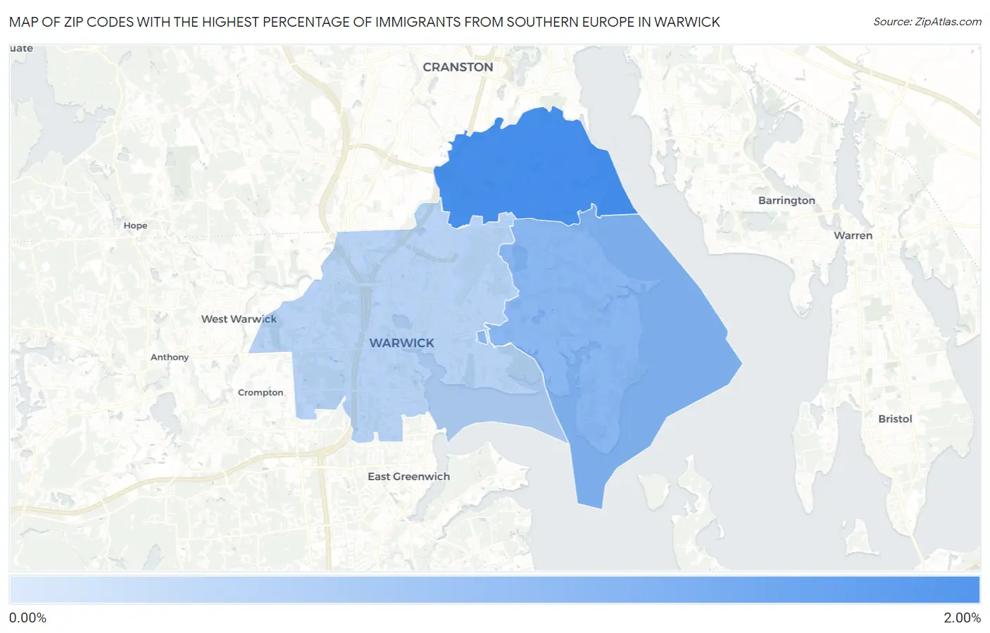Zip Codes with the Highest Percentage of Immigrants from Southern Europe in Warwick Map