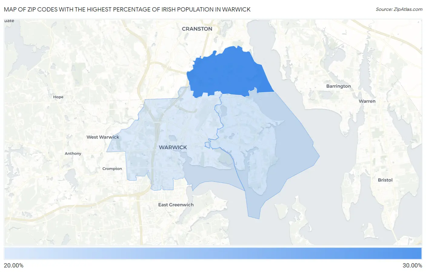 Zip Codes with the Highest Percentage of Irish Population in Warwick Map