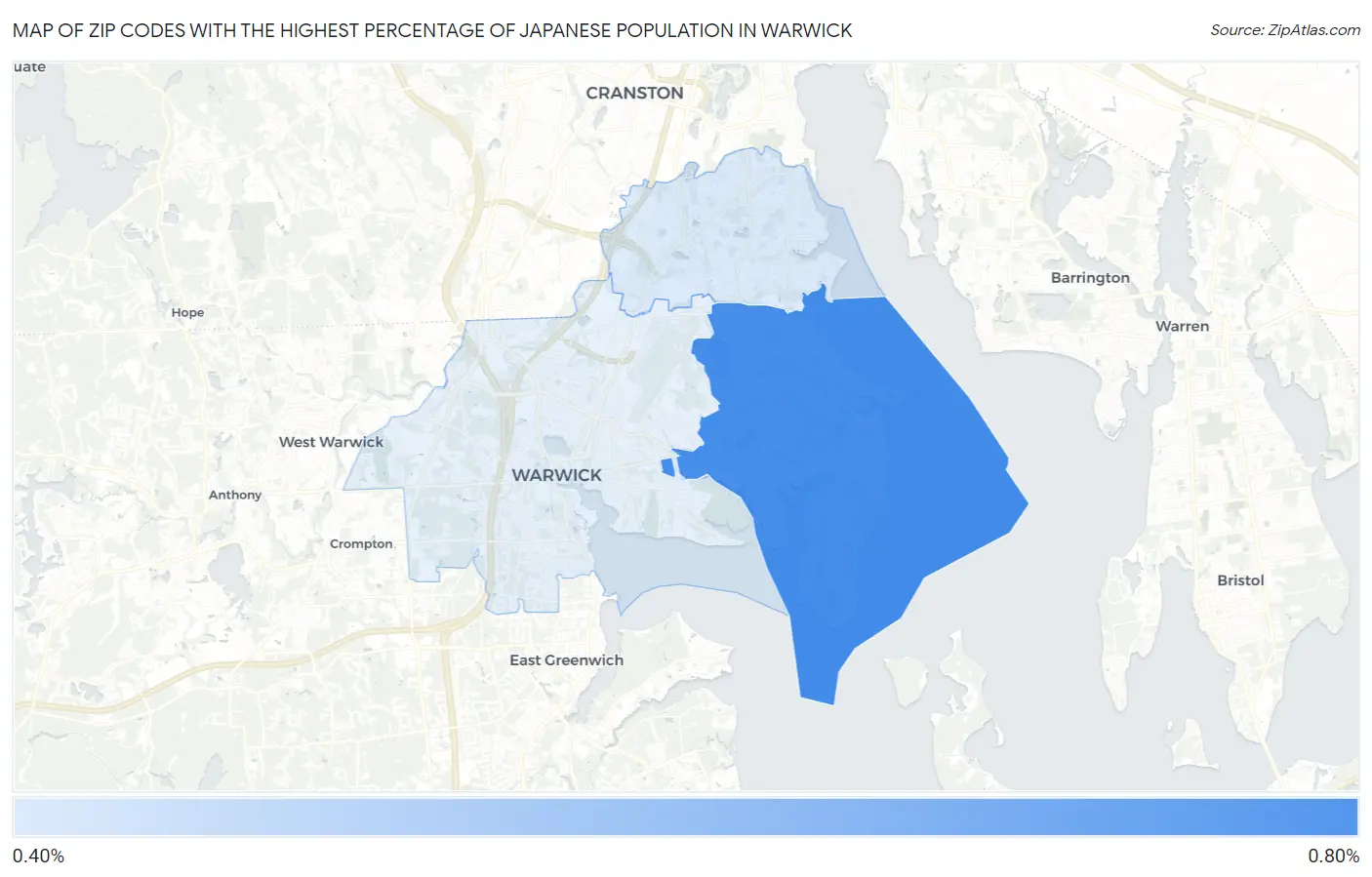 Zip Codes with the Highest Percentage of Japanese Population in Warwick Map