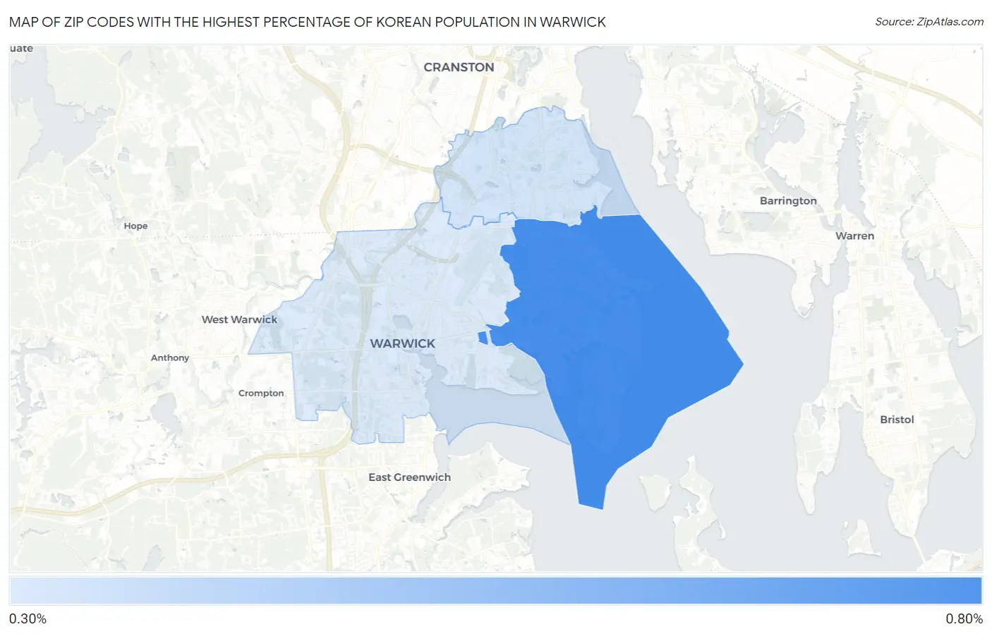 Zip Codes with the Highest Percentage of Korean Population in Warwick Map