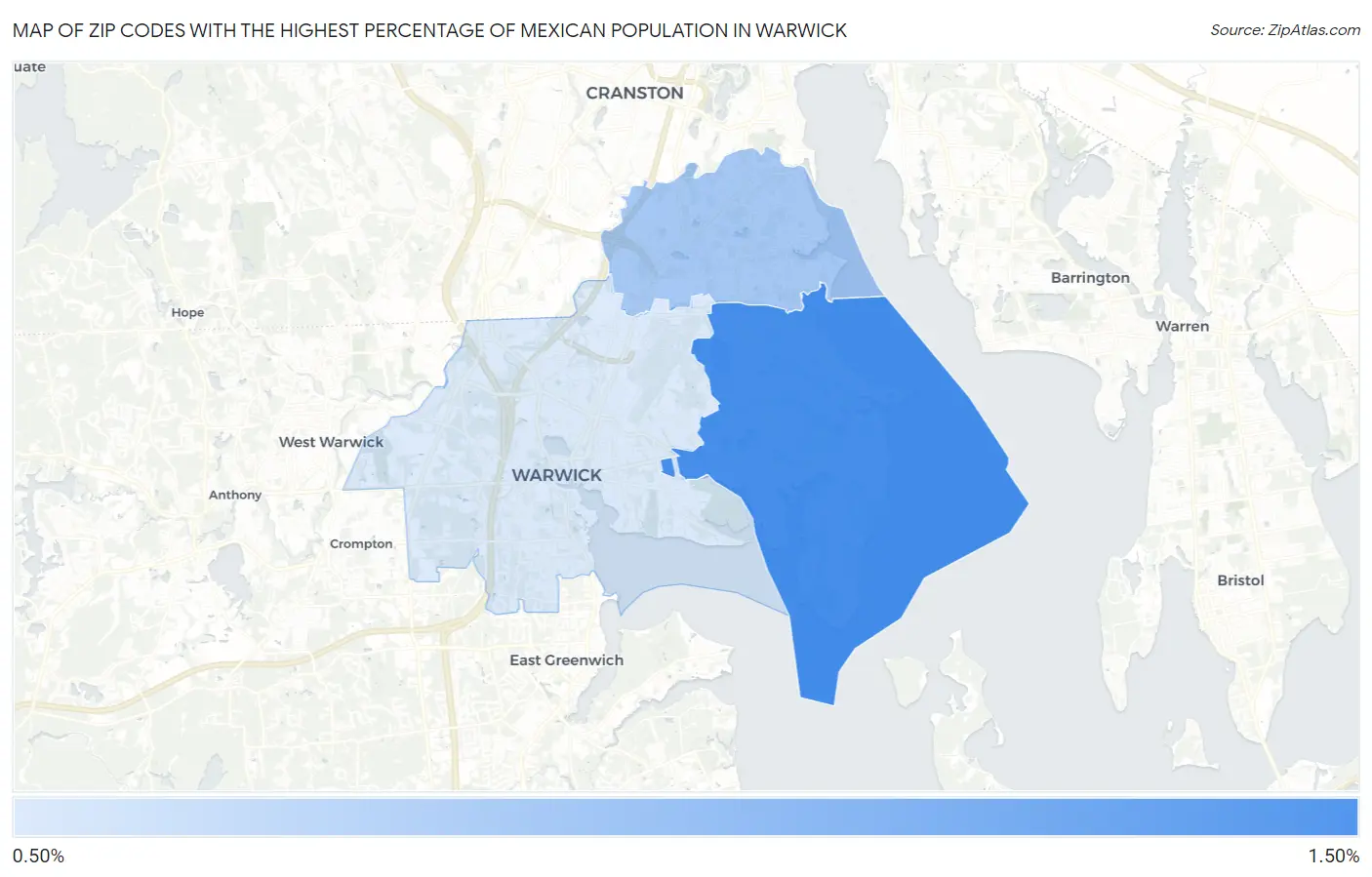 Zip Codes with the Highest Percentage of Mexican Population in Warwick Map