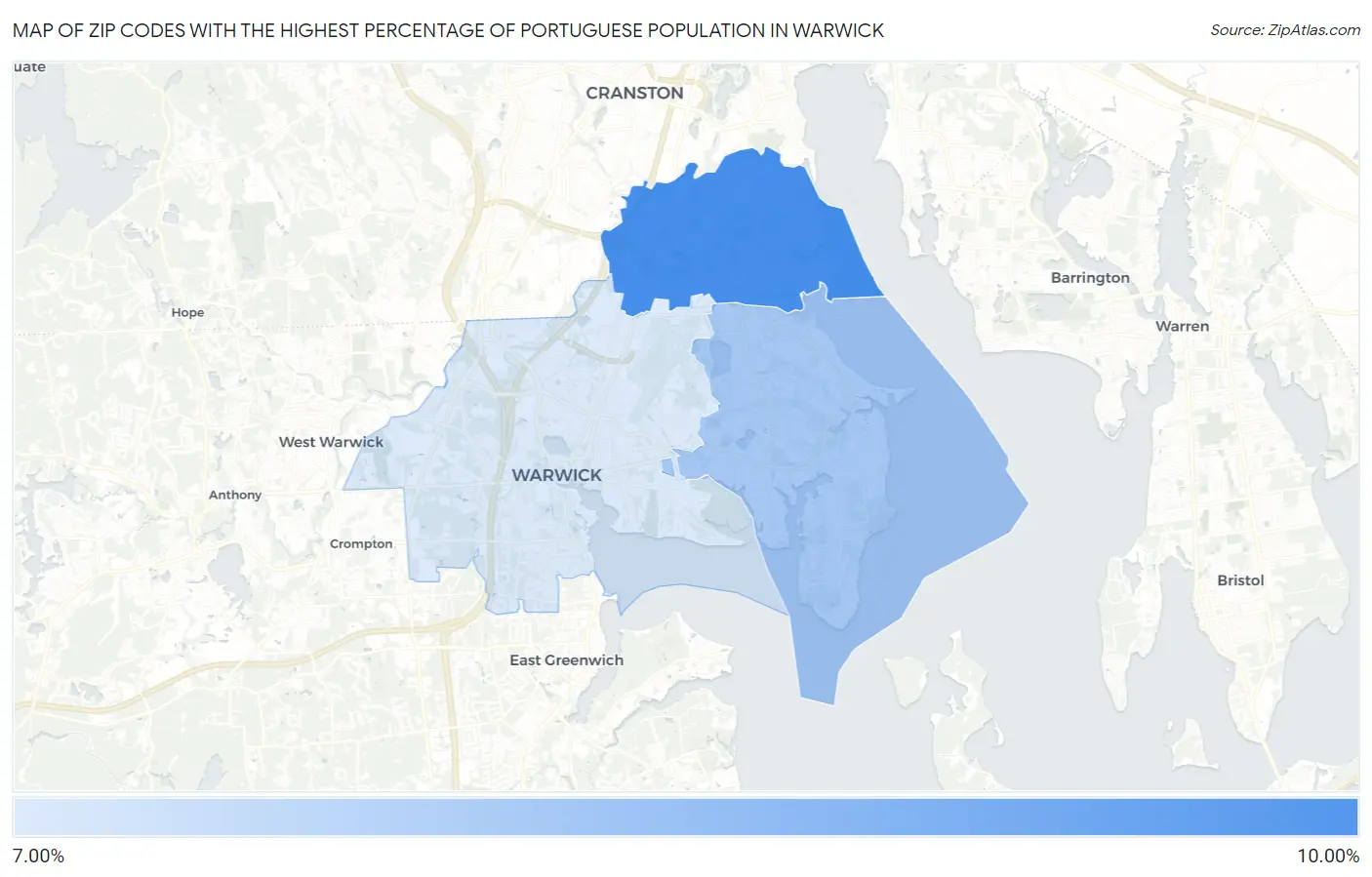 Zip Codes with the Highest Percentage of Portuguese Population in Warwick Map