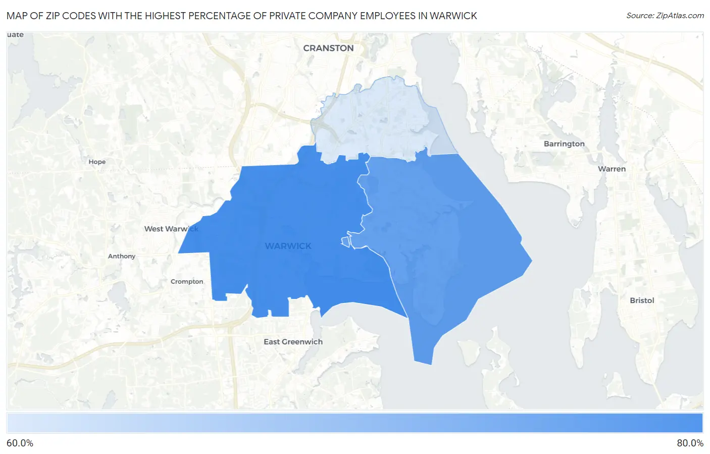 Zip Codes with the Highest Percentage of Private Company Employees in Warwick Map