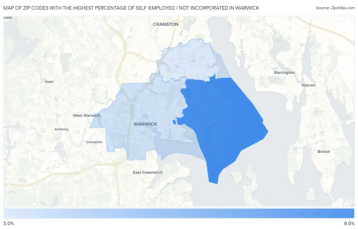 Zip Codes with the Highest Percentage of Self-Employed / Not Incorporated in Warwick Map