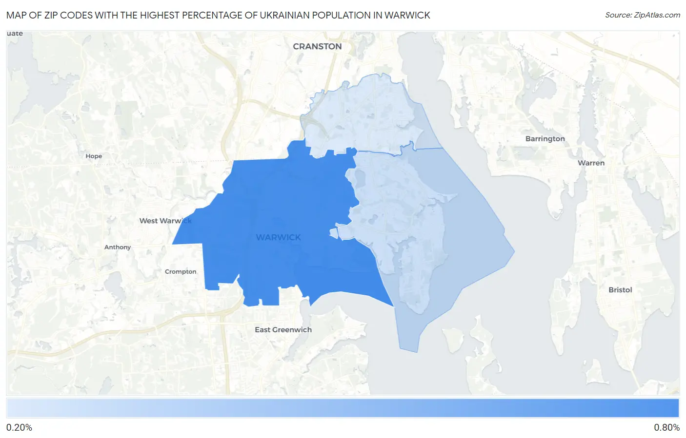 Zip Codes with the Highest Percentage of Ukrainian Population in Warwick Map