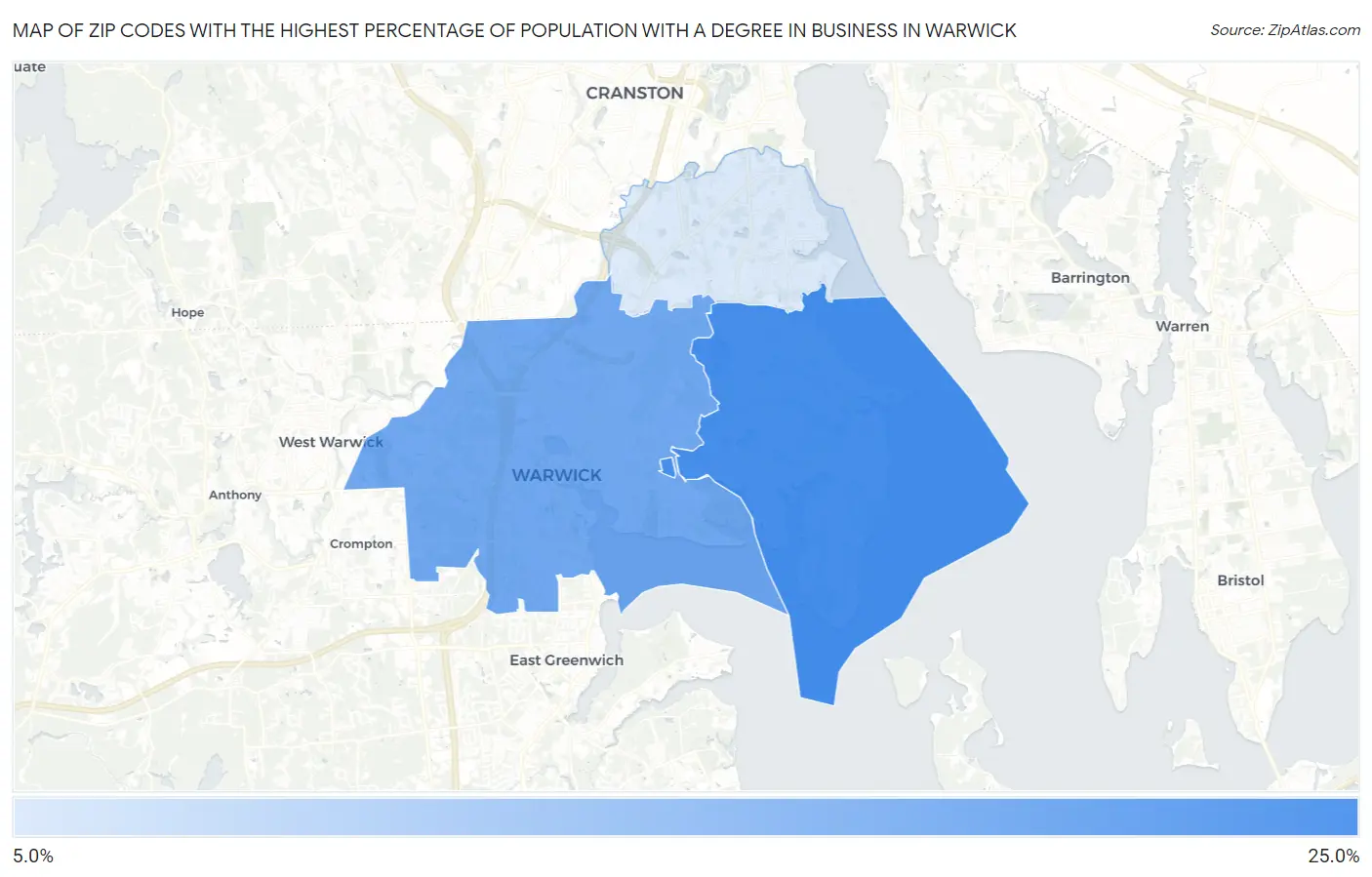 Zip Codes with the Highest Percentage of Population with a Degree in Business in Warwick Map