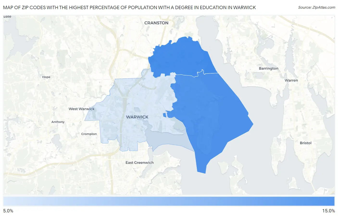Zip Codes with the Highest Percentage of Population with a Degree in Education in Warwick Map