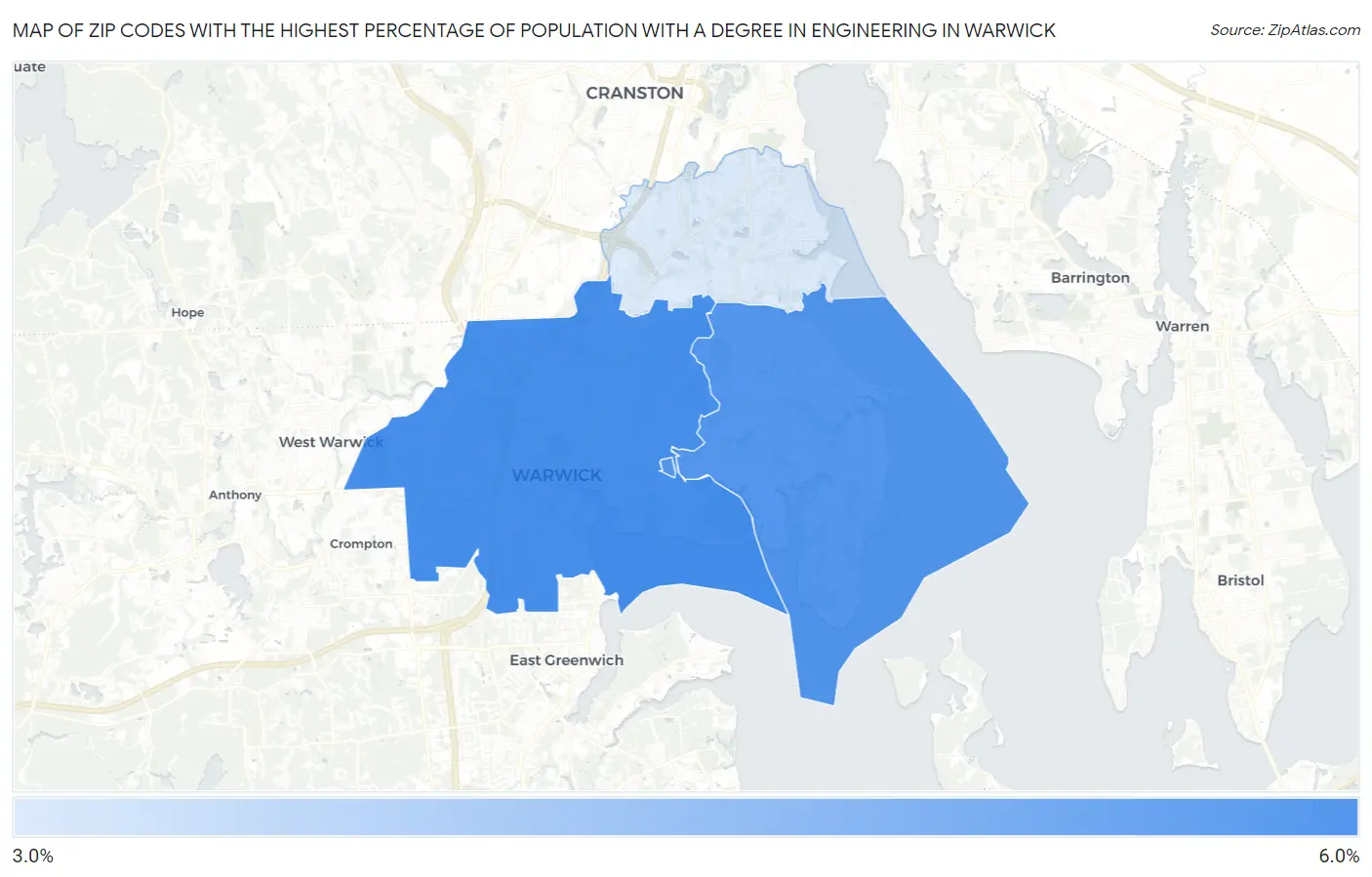 Zip Codes with the Highest Percentage of Population with a Degree in Engineering in Warwick Map
