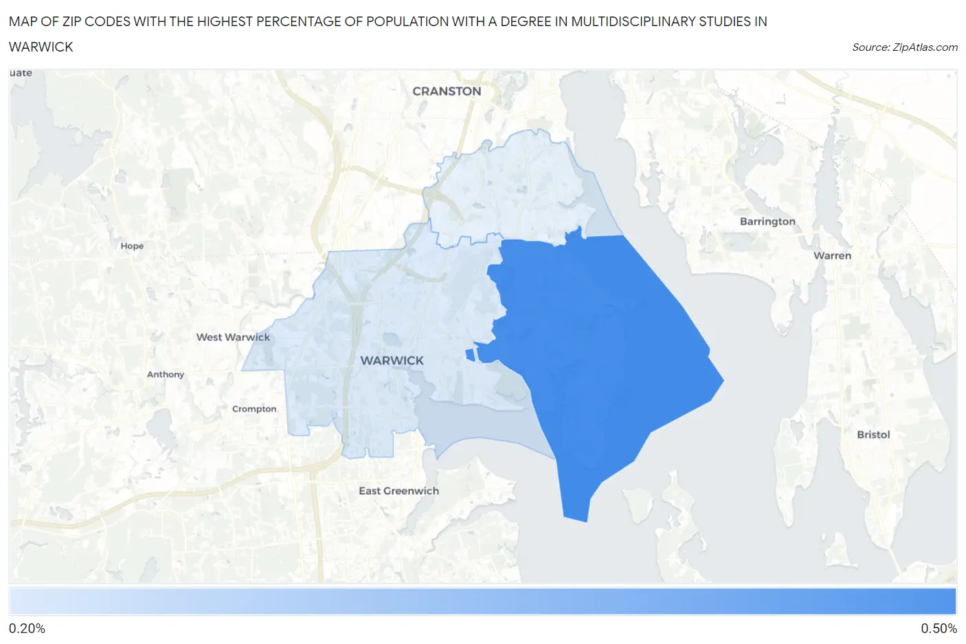 Zip Codes with the Highest Percentage of Population with a Degree in Multidisciplinary Studies in Warwick Map