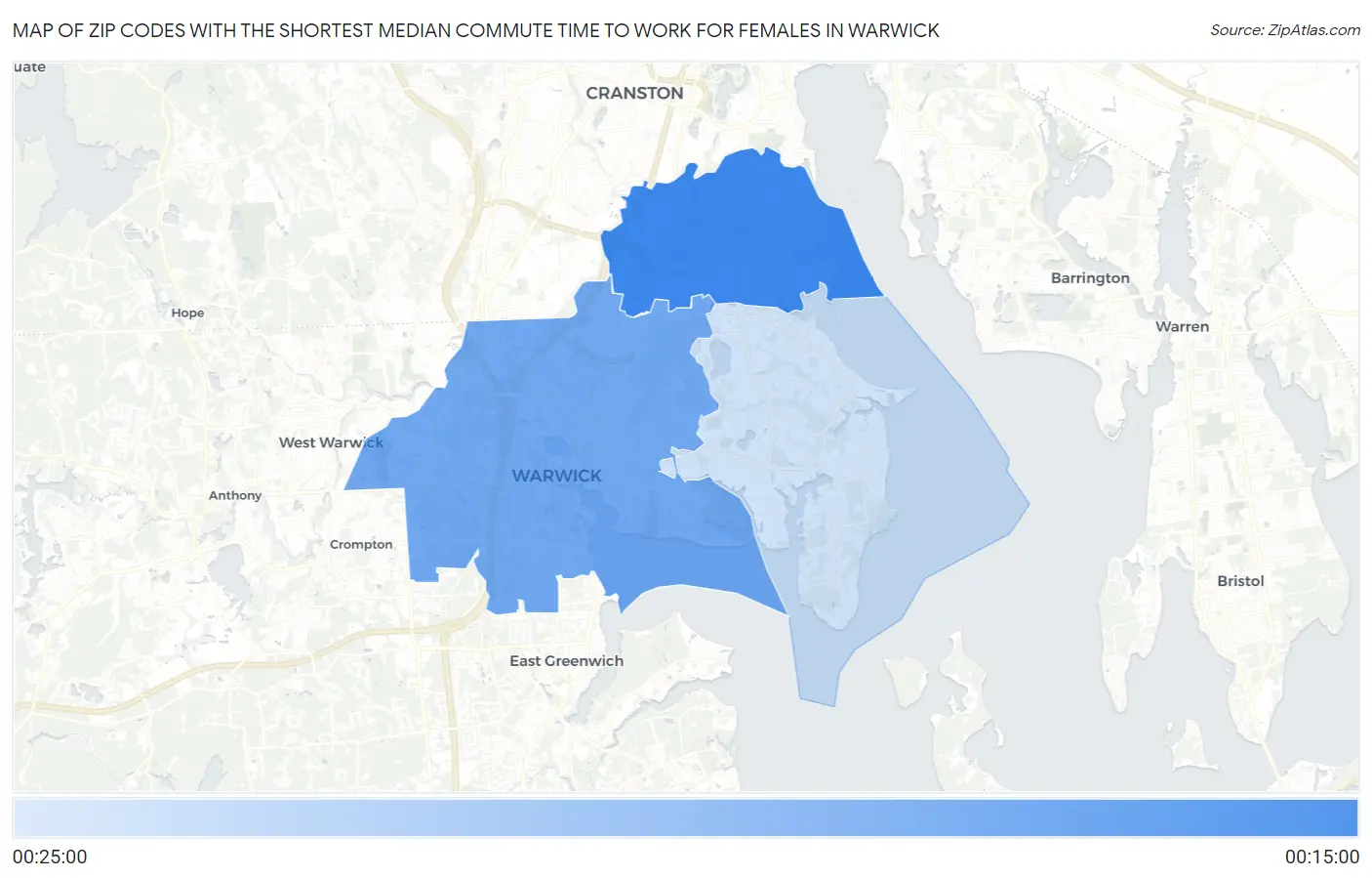 Zip Codes with the Shortest Median Commute Time to Work for Females in Warwick Map