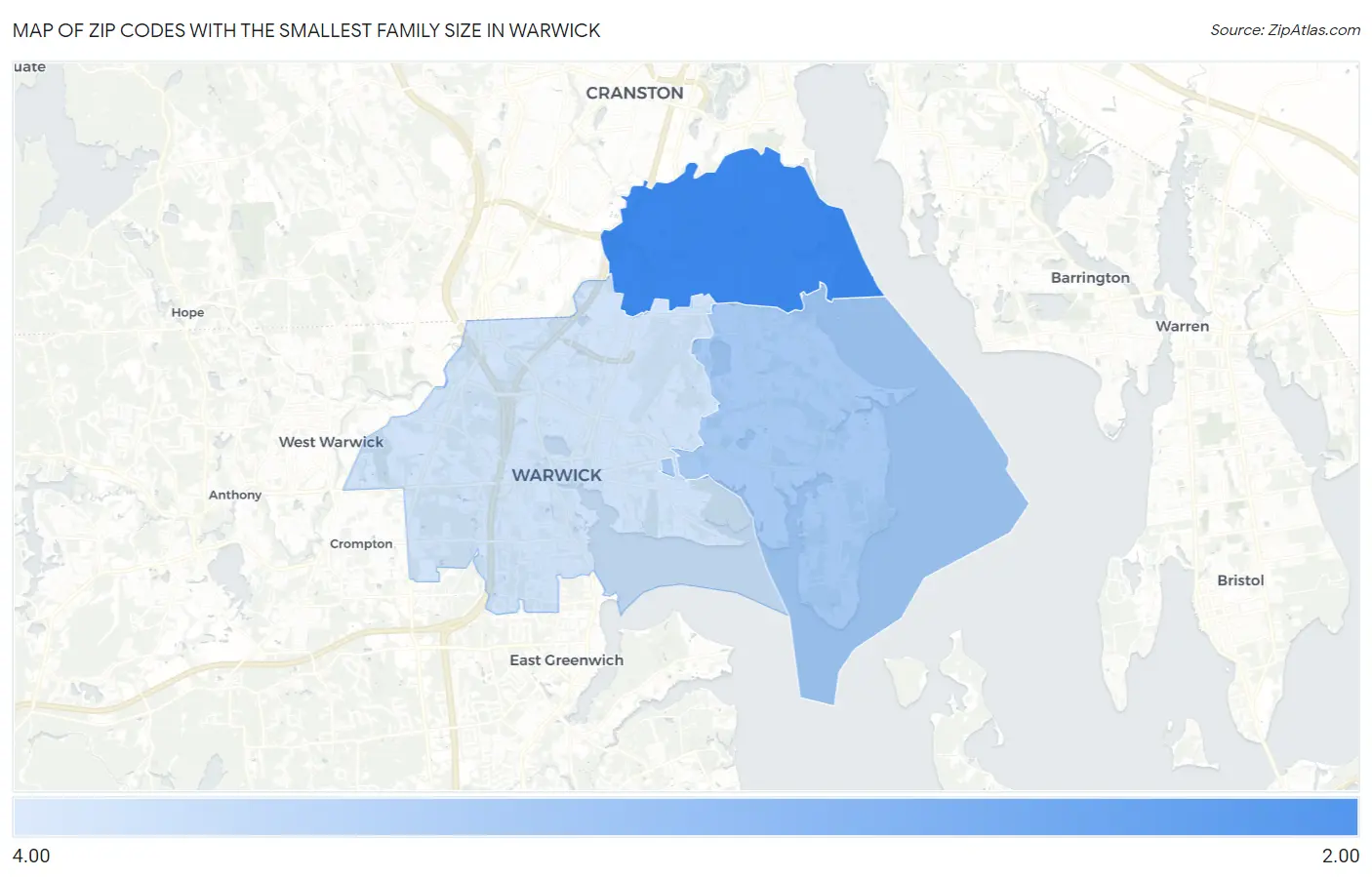 Zip Codes with the Smallest Family Size in Warwick Map