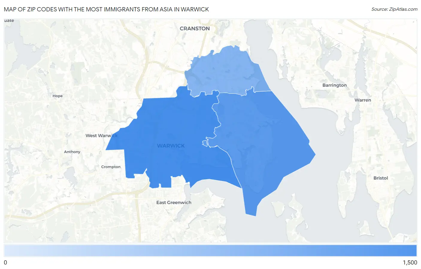 Zip Codes with the Most Immigrants from Asia in Warwick Map