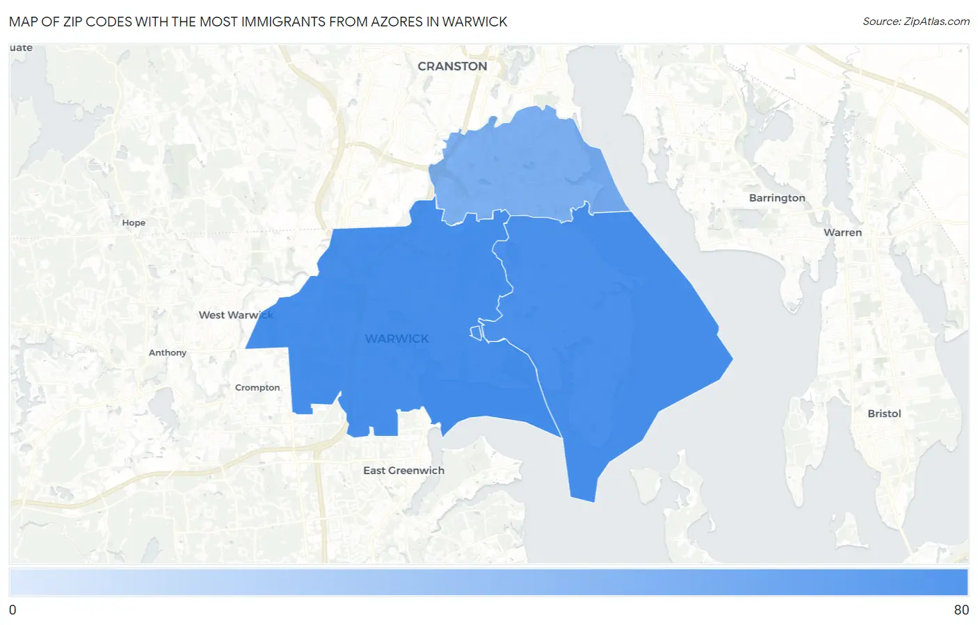Zip Codes with the Most Immigrants from Azores in Warwick Map