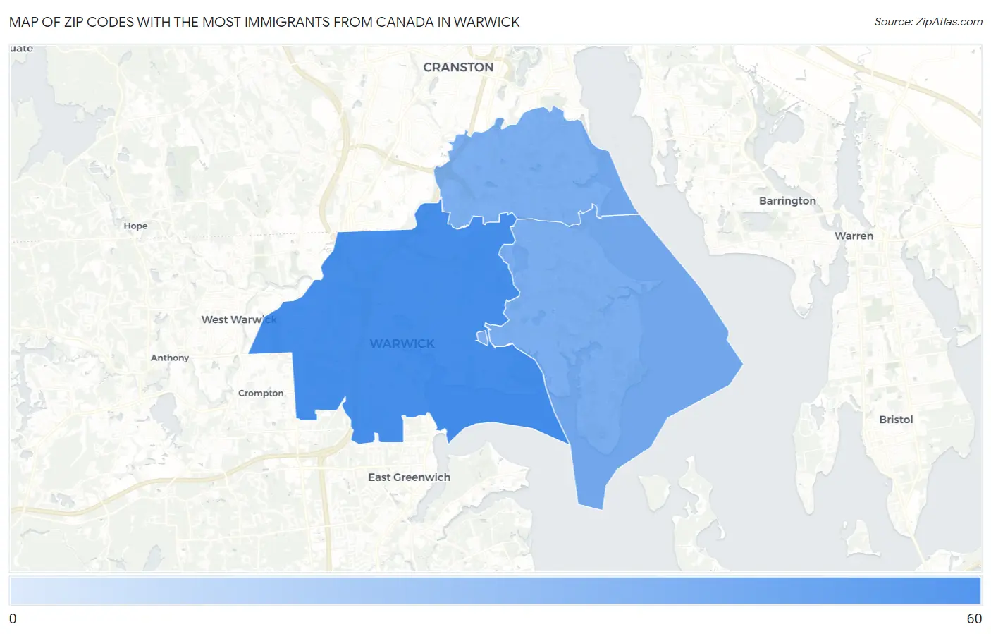 Zip Codes with the Most Immigrants from Canada in Warwick Map