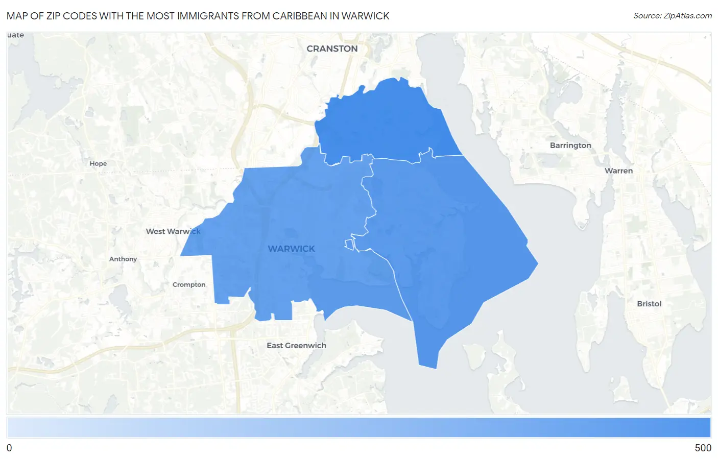 Zip Codes with the Most Immigrants from Caribbean in Warwick Map