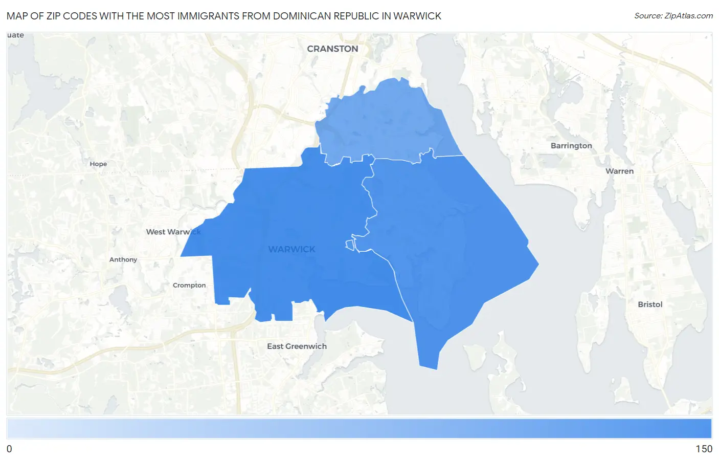 Zip Codes with the Most Immigrants from Dominican Republic in Warwick Map