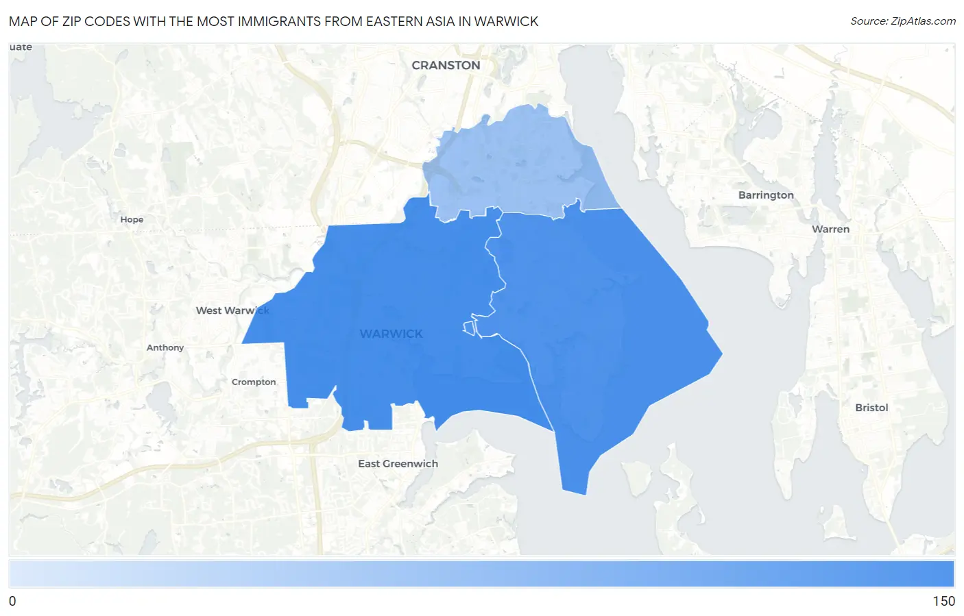 Zip Codes with the Most Immigrants from Eastern Asia in Warwick Map