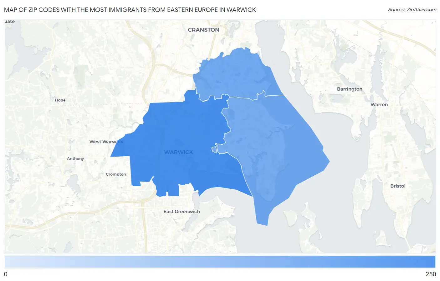 Zip Codes with the Most Immigrants from Eastern Europe in Warwick Map