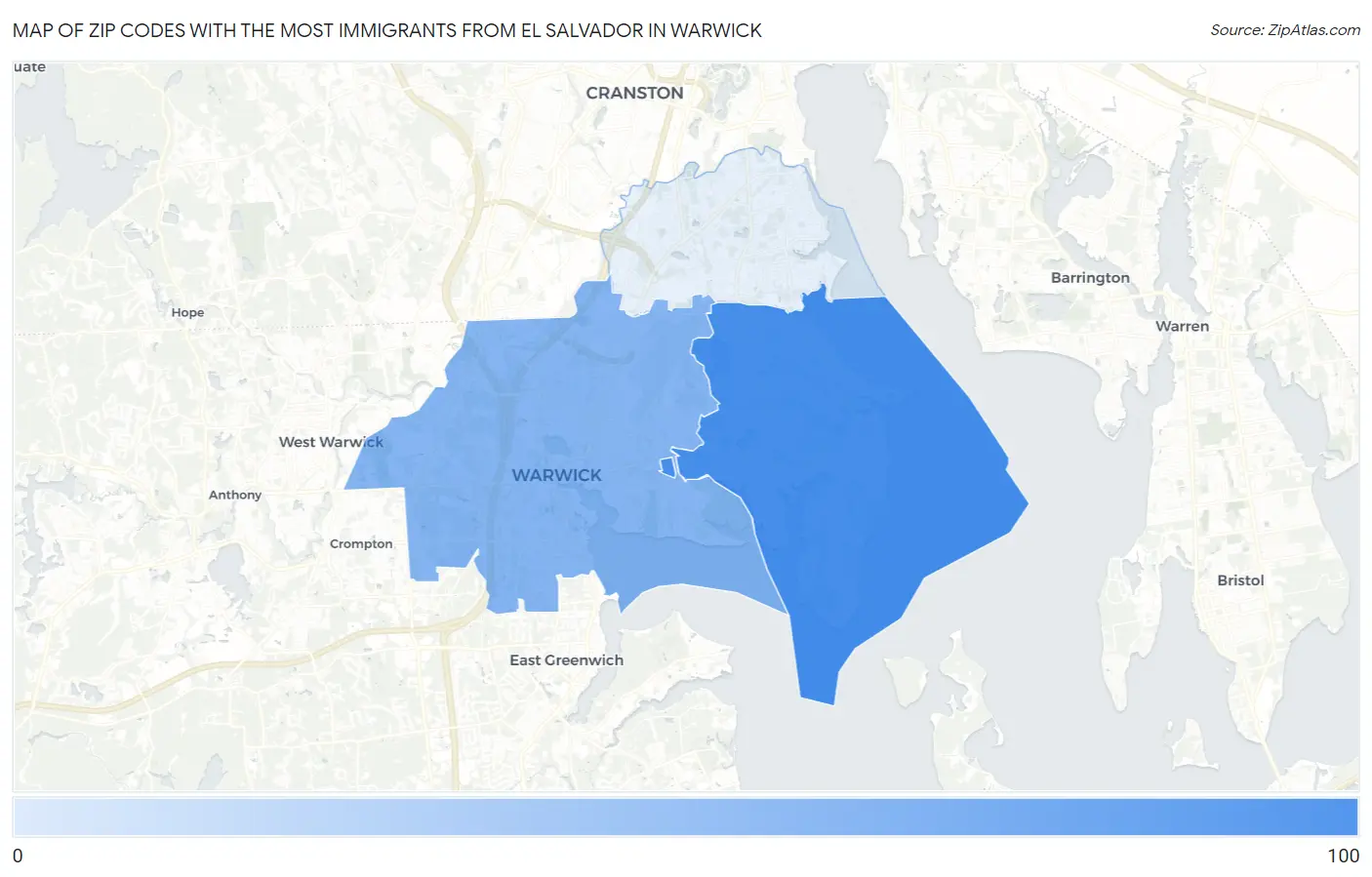 Zip Codes with the Most Immigrants from El Salvador in Warwick Map