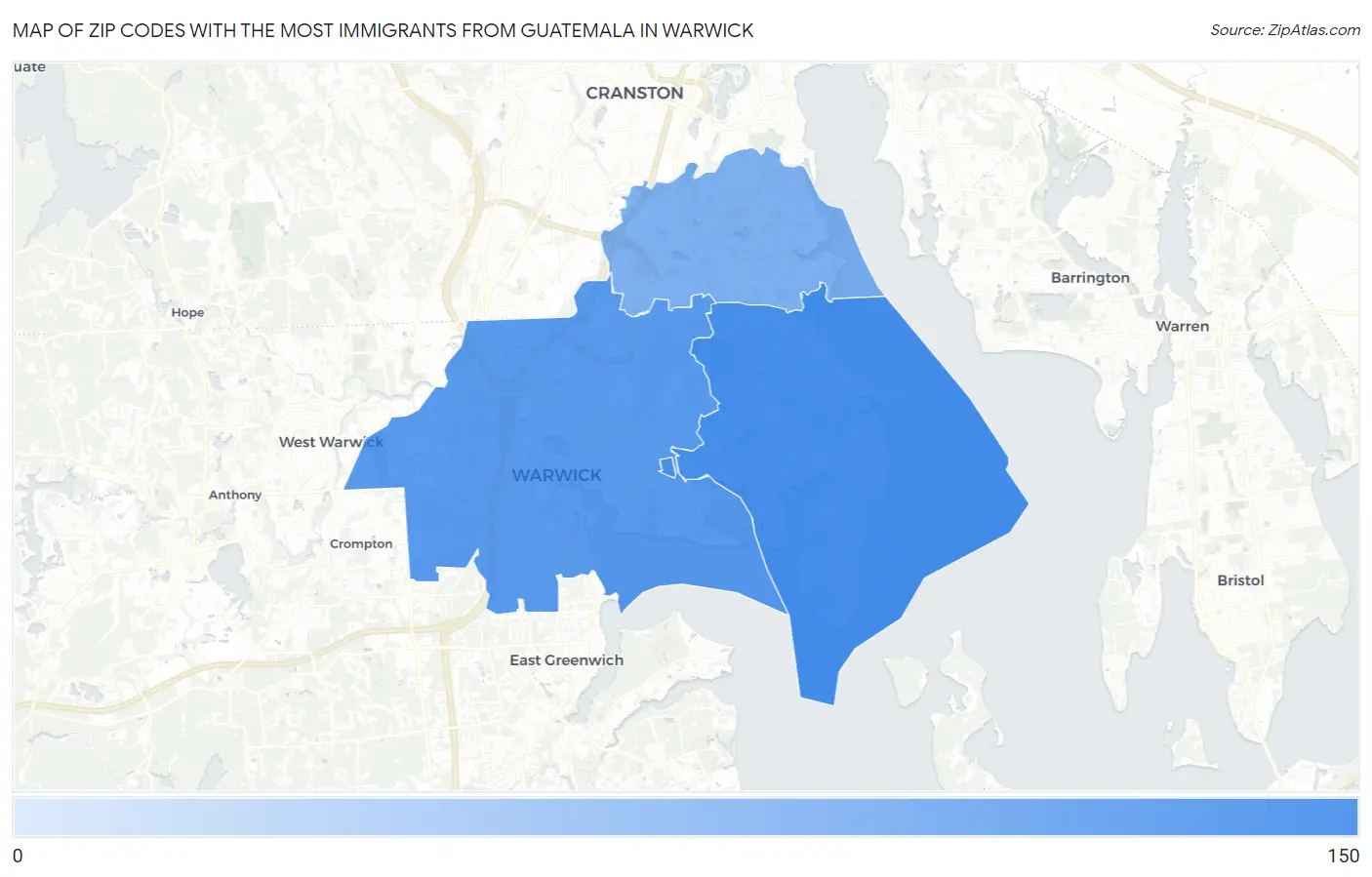 Zip Codes with the Most Immigrants from Guatemala in Warwick Map