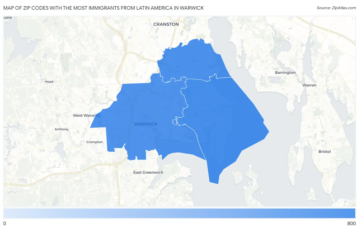 Zip Codes with the Most Immigrants from Latin America in Warwick Map