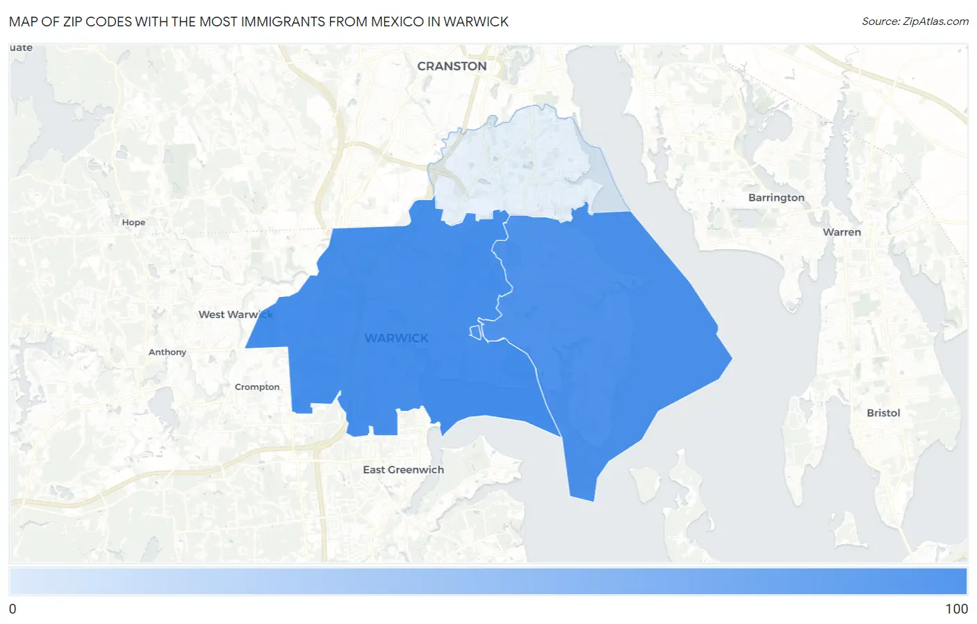 Zip Codes with the Most Immigrants from Mexico in Warwick Map