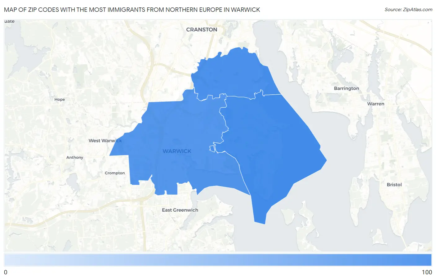 Zip Codes with the Most Immigrants from Northern Europe in Warwick Map