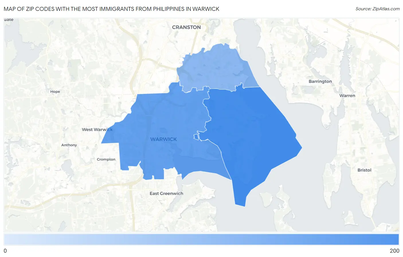 Zip Codes with the Most Immigrants from Philippines in Warwick Map