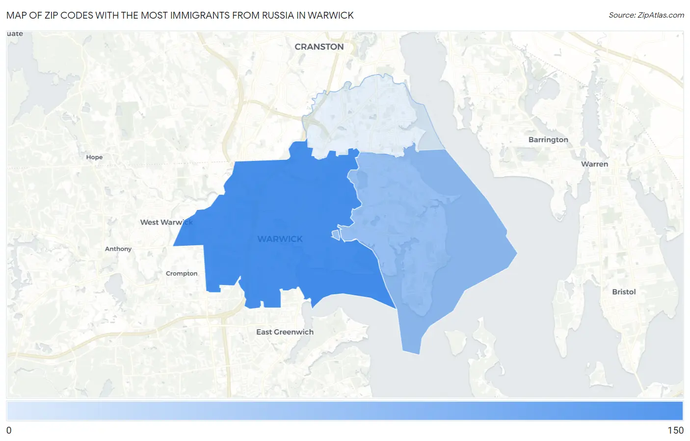 Zip Codes with the Most Immigrants from Russia in Warwick Map
