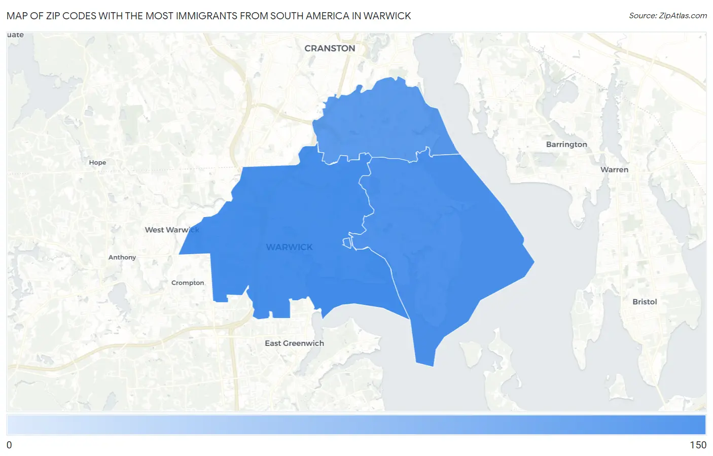 Zip Codes with the Most Immigrants from South America in Warwick Map