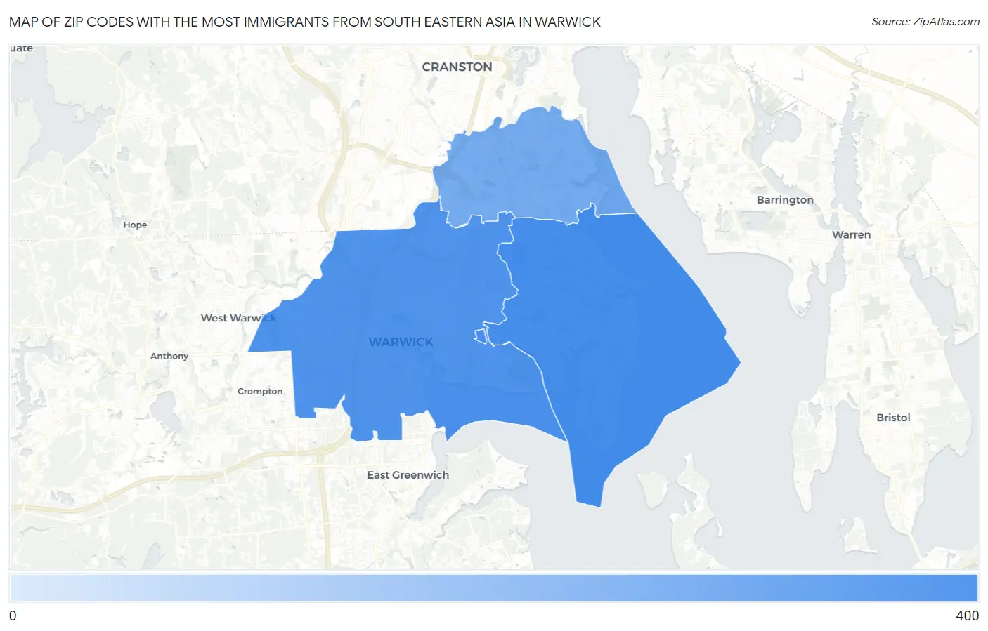 Zip Codes with the Most Immigrants from South Eastern Asia in Warwick Map