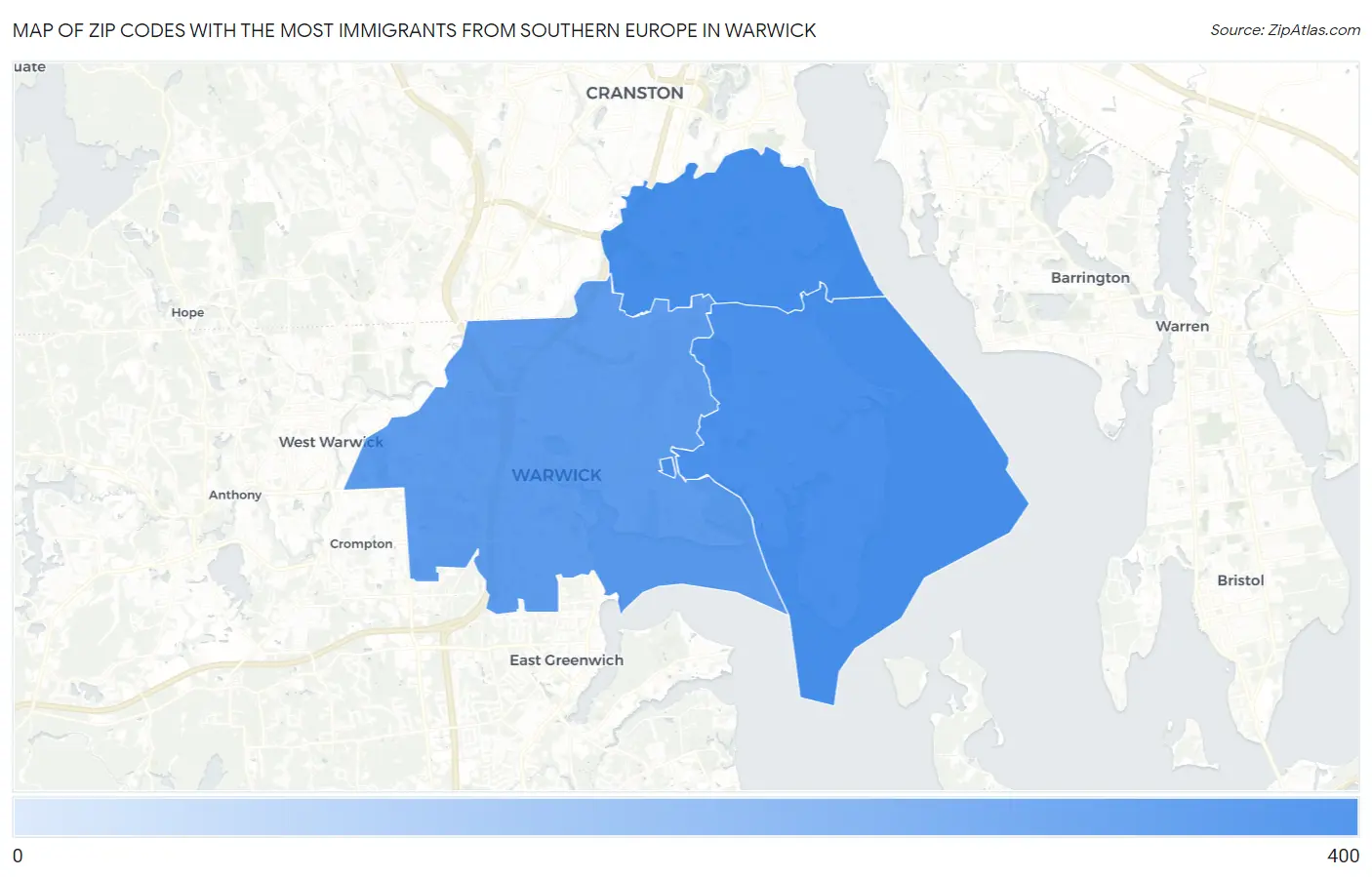 Zip Codes with the Most Immigrants from Southern Europe in Warwick Map
