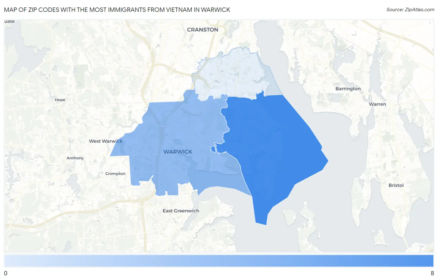 Zip Codes with the Most Immigrants from Vietnam in Warwick Map