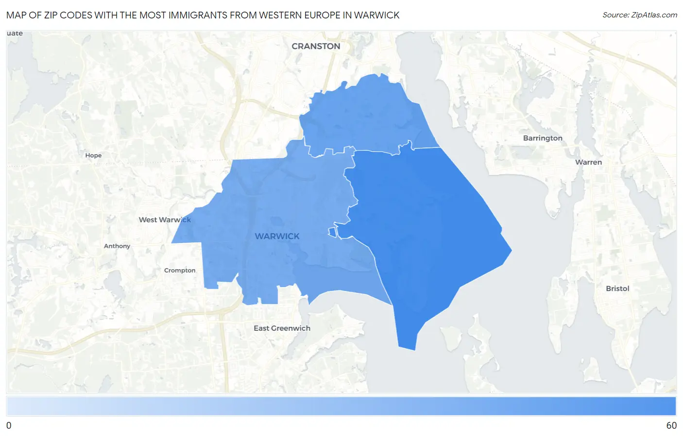 Zip Codes with the Most Immigrants from Western Europe in Warwick Map