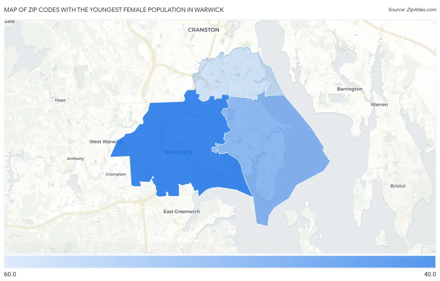 Zip Codes with the Youngest Female Population in Warwick Map
