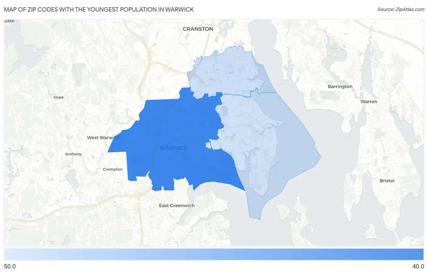 Zip Codes with the Youngest Population in Warwick Map