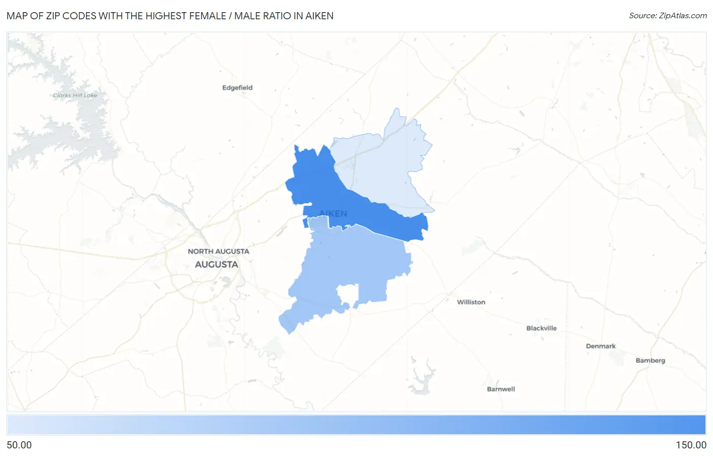 Zip Codes with the Highest Female / Male Ratio in Aiken Map